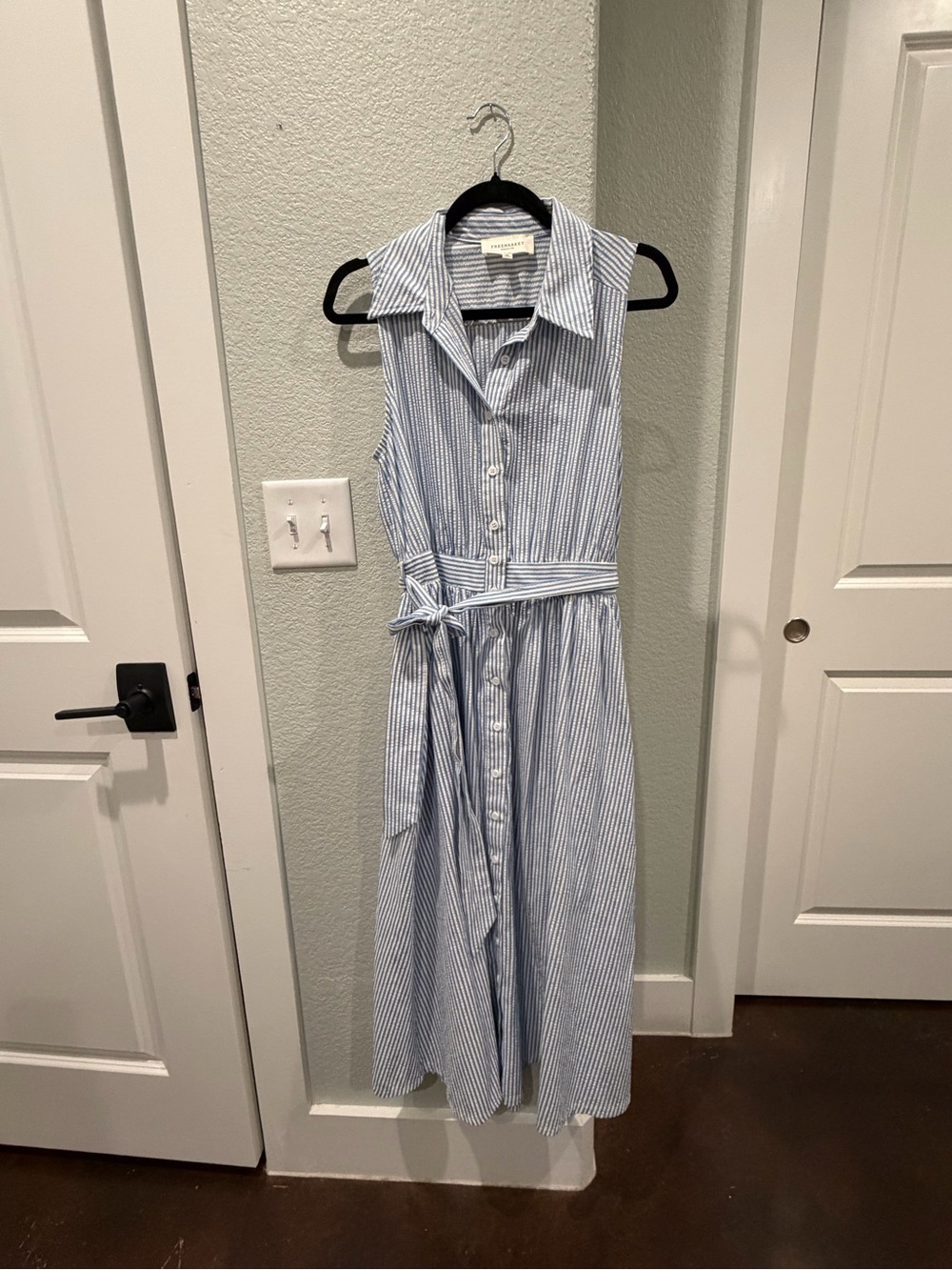 Striped Sleeveless Maxi Shirt Dress with Self Tie in Light Blue